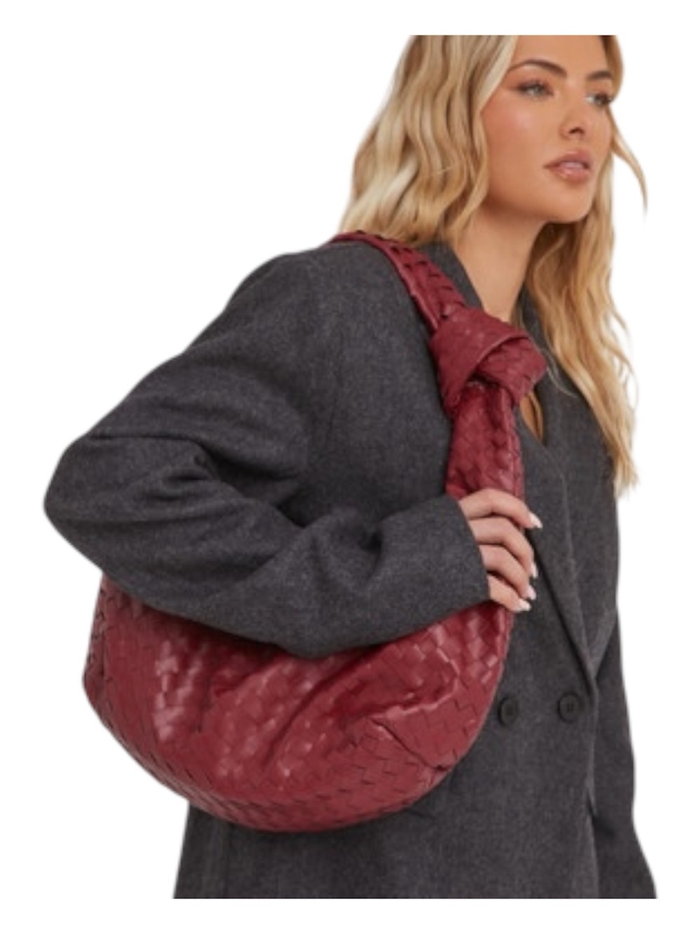 EGO Loreen Woven Knotted Oversized Shoulder Bag In Burgundy Faux Leather